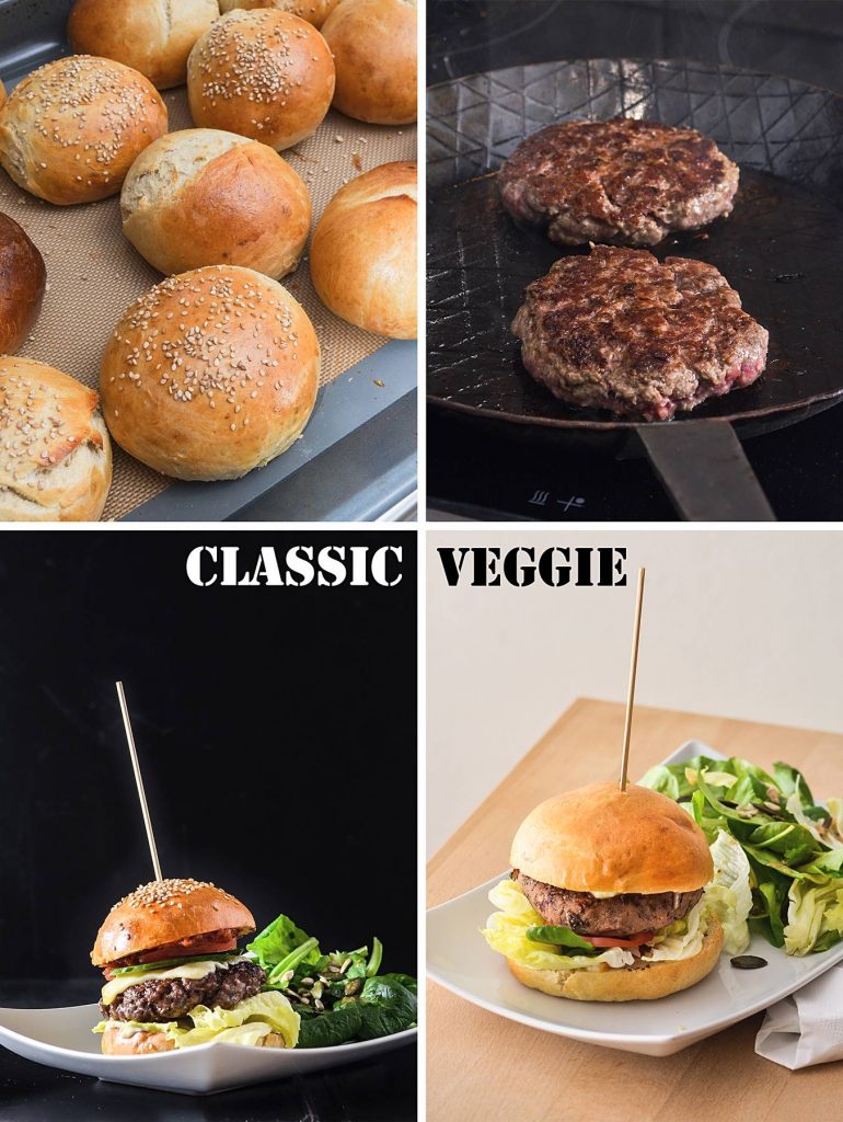 Selbstgemachte Hamburger - klassisch mit Rindfleisch und vegetarisch mit Kidneybohnen