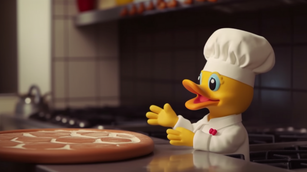 Quietsche-Ente mit Kochmütze in der Küche
