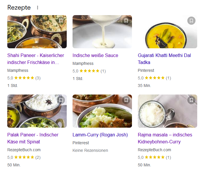 Rich-Suchergebnisse auf Google von Rezepten in Kacheln