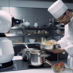 Ein Roboter hilft einem Koch in der Küche