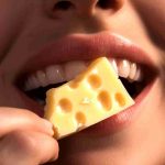 Eine Frau, die gerade auf ein Stück Käse beißt (mit Midjourney generiert)