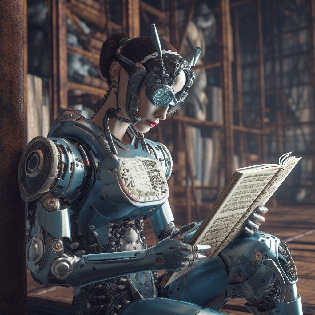 Ein Cyborg, die ein Buch in einer alten Bückerei liest