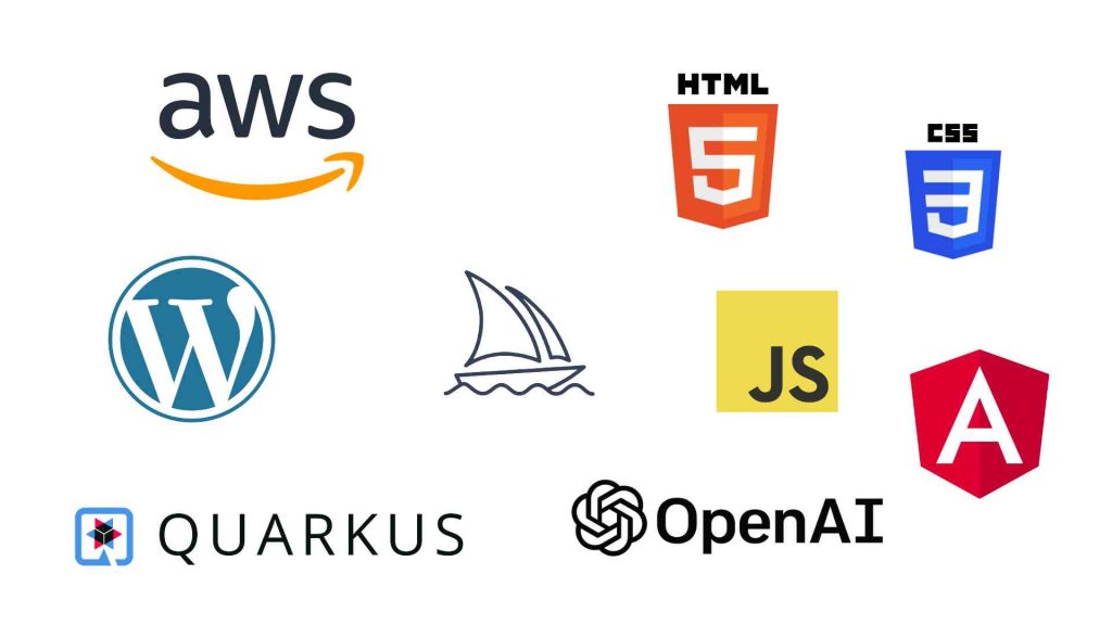 Technologie Logos (AWS, Quarkus, Midjourney, OpenAI, HTML, CSS, JS, Angular)