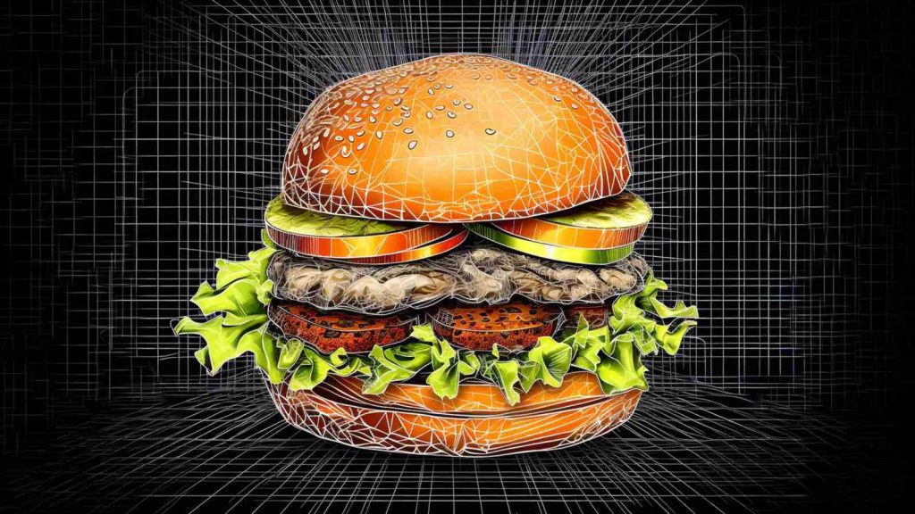 Hamburger mit Wireframe (Polygon-Netz) überlagert. Generiert von Midjourney