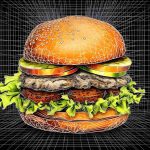 Hamburger mit Wireframe (Polygon-Netz) überlagert. Generiert von Midjourney